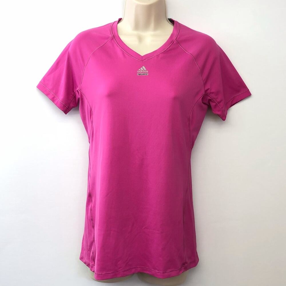 Adidas Pink Climalite Athletic Tech-fit Classic Short Sleeve Shirt V Neckline